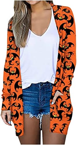 Women'sенски плус големина џемпер за Ноќта на вештерките Симпатична тиква печати со долги ракави за Ноќта на вештерките, отворени