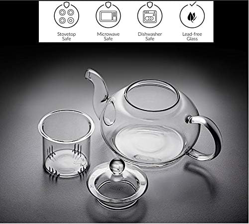 Сончев чај 22oz Ултра чиста боросиликатна стаклена чајник со стаклен инфузер за гледање - за лабав чај, торба со чај, цветен