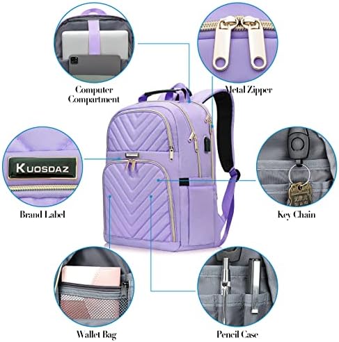 Kuosdaz ватирана ранец за жени, 15,6 инчи голем моден колеџ за книги со USB -порта за полнење, жени за работа за патувања, лаптоп