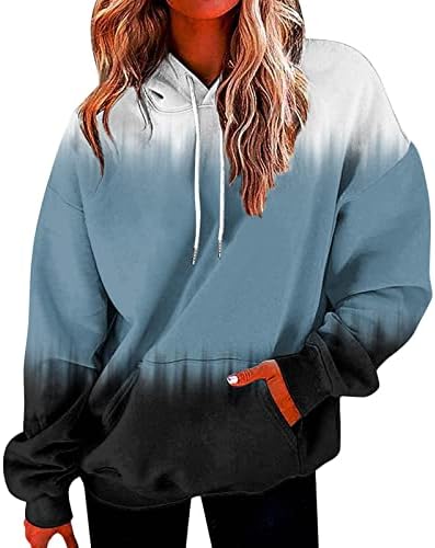 Lcepcyенски женски блок во боја џемпершир со долги ракави, обичен лабав худи со џебови, пулвер со аспиратор со качулка, со џебови