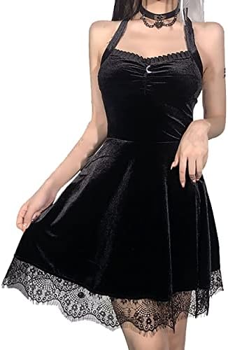Velvet готски фустан естетски жени секси халтер гроздобер мини црна фустан решетката мафта со долги ракави фустан