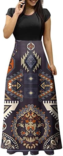 Fragarn летни фустани за жени 2023 трендовски, женски моден обичен печатење на кружни вратови со кратки ракави со долги фустани
