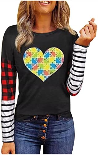 Симпатична маица со долг ракав за жени Денот на в Valentубените, Бафало, карирана крпеница Туника врвови на срцето, графички