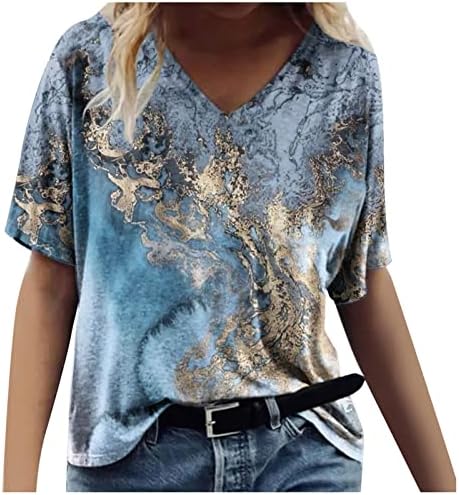 Летни маички за вратот за жени за жени лабава графичка маичка со кратки ракави, симпатична печатена маичка блуза обична тунична