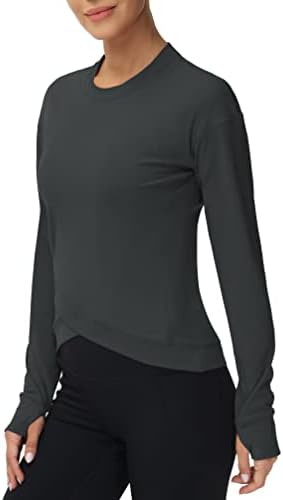 Women'sенски долги ракави за компресија кошули на тренингот врвови на вкрстени полите Атлетик трчање јога маици со дупка со