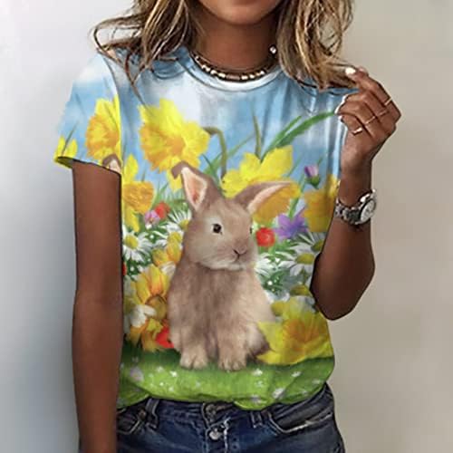 Симпатична зајак графичка мета за жени моден летен случајчки екипаж краток ракав Велигденски кошули Топ