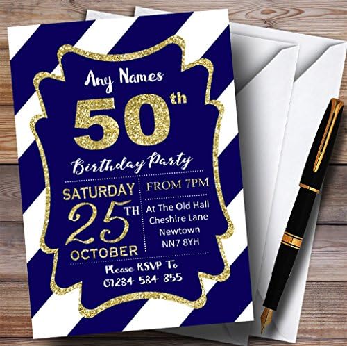 Сино Бели Дијагонални Ленти Злато 50-Ти Персонализирани Покани За Роденденска Забава