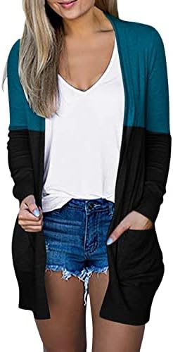 Iius лесни кардиган жени трендовски отворен фронт кардиган со џебови долги ракави врвови кошули во боја блок блок покритие