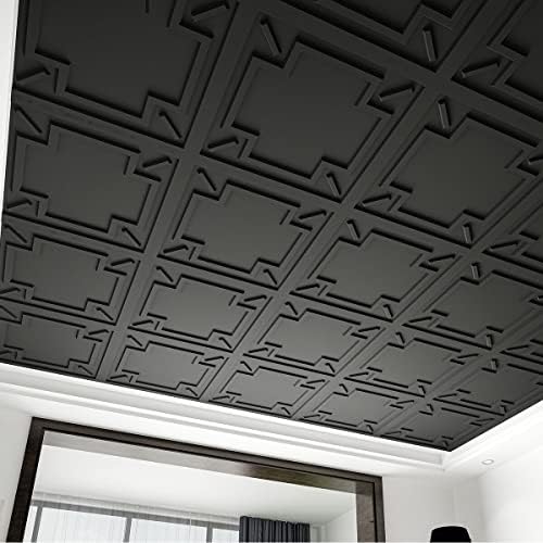 Art3d Декоративна таванска плочка 2‘x2 ‘, лепак 3Д текстура тавански панел, пластичен лист во црна боја