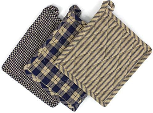 Рустикален завет ткаен памук фармерски држачи за тенџере, сет од 3, 7 инчи x 8 инчи, антички црн/природен тен